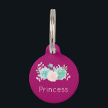Pastel Pink & Green Floral Bouquet on Magenta Pet Tag<br><div class="desc">A pet tag with a custom name and phone number designed on a magenta background. Pretty pastel watercolor flower bouquet. The flowers,  leaves and sprigs are pastel pink and green. Created with watercolor paint and digitized.</div>