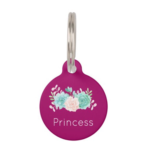 Pastel Pink  Green Floral Bouquet on Magenta Pet Tag