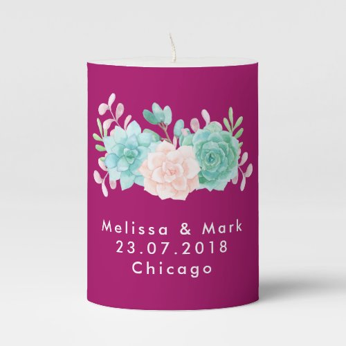 Pastel Pink  Green Floral Bouquet on Magenta Pillar Candle