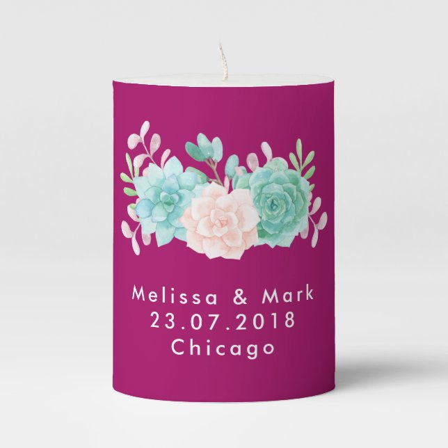 Pastel Pink & Green Floral Bouquet on Magenta Pillar Candle (Front)