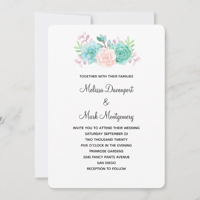 Pastel Pink & Green Floral Bouquet Wedding Invitation (Front)