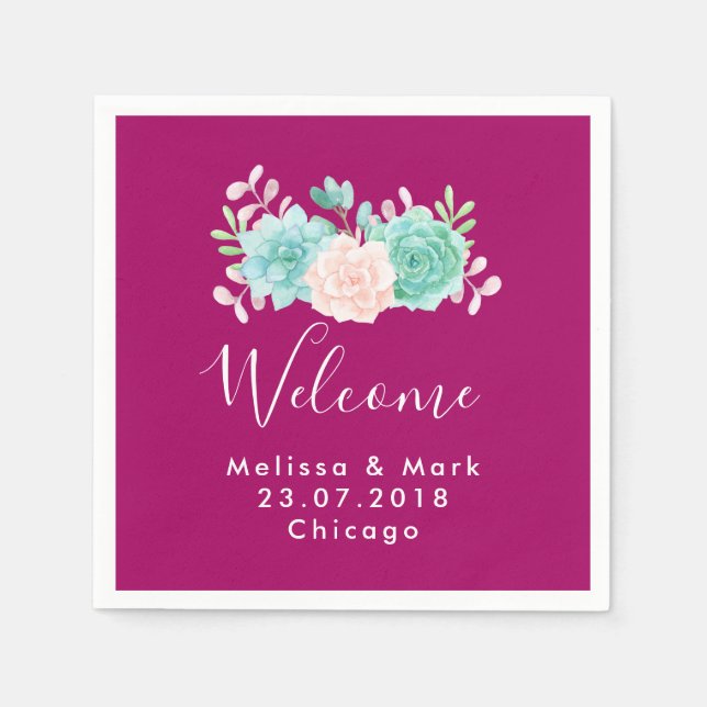 Pastel Pink & Green Floral Bouquet Welcome Wedding Napkins (Front)