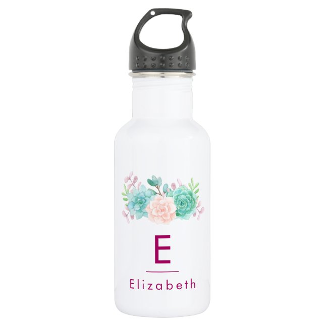 Pastel Pink & Green Floral Bouquet with Monogram Water Bottle (Front)