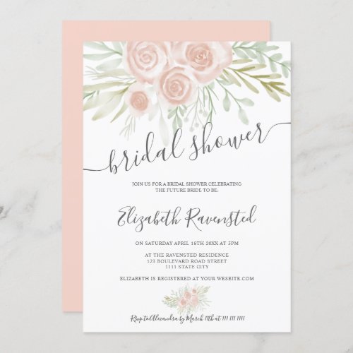 Pastel pink green floral watercolor bridal shower invitation