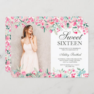 Pastel pink green floral watercolor photo Sweet 16 Invitation