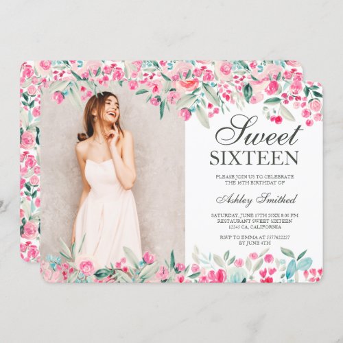 Pastel pink green floral watercolor photo Sweet 16 Invitation