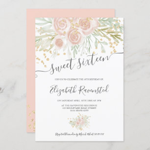 Pastel pink green floral watercolor sweet sixteen invitation