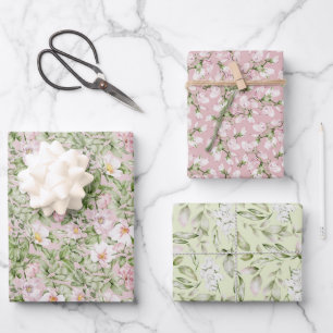 Pastel Pink Green Floral Wrapping Paper Sheets