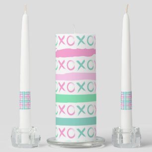 PASTEL PINK & GREEN HUGS AND KISSES SYMBOLS UNITY CANDLE SET