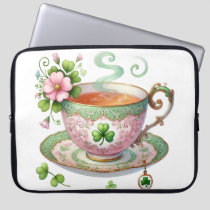 PASTEL PINK & GREEN IRISH CUP OF TEA & SHAMROCKS LAPTOP SLEEVE
