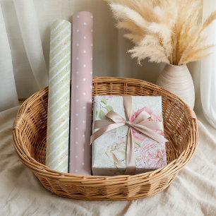 Pastel Pink Green Spring Floral Stripes Wrapping Paper Sheets