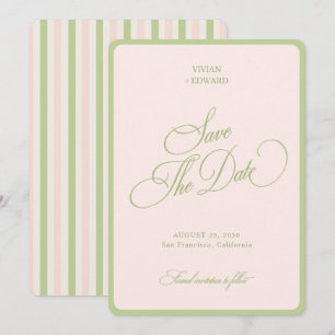 Pastel Pink & Green Stripes Border Retro Wedding Save The Date