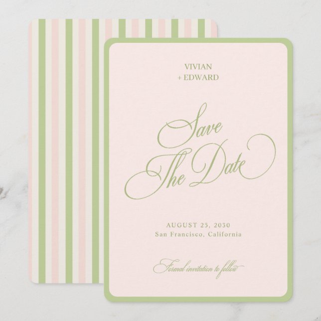 Pastel Pink & Green Stripes Border Retro Wedding Save The Date (Front/Back)