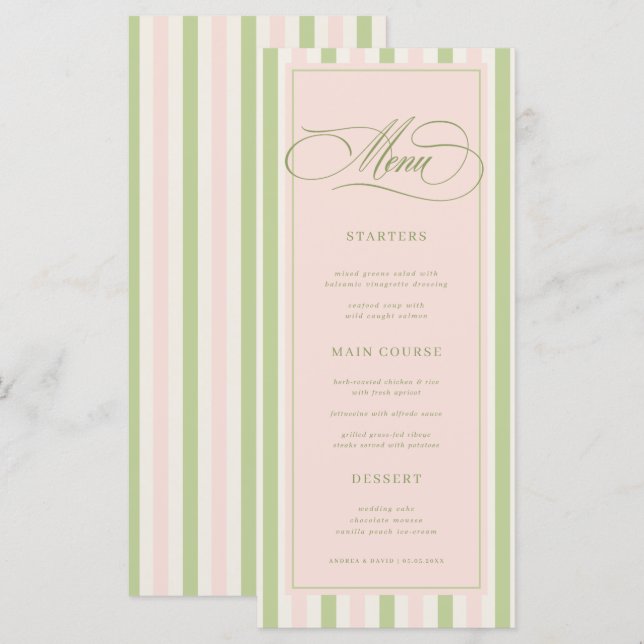 Pastel Pink & Green Stripes Retro Wedding Menu (Front/Back)