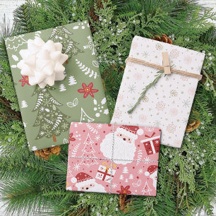 Pastel Pink Green Tree Santa Snowflakes Christmas Wrapping Paper Sheets