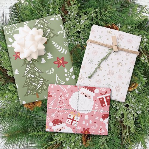  Pastel Pink Green Tree Santa Snowflakes Christmas Wrapping Paper Sheets