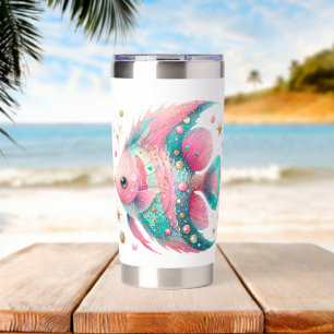 PASTEL PINK & GREEN TROPICAL FISH INSULATED TUMBLER