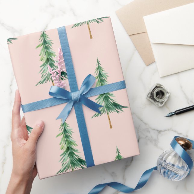 Pastel Pink Green Watercolor Pine Tree Christmas Wrapping Paper (Gifting)