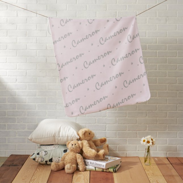 Pastel Pink Grey Personalized Repeating Name Baby Blanket (In Situ)