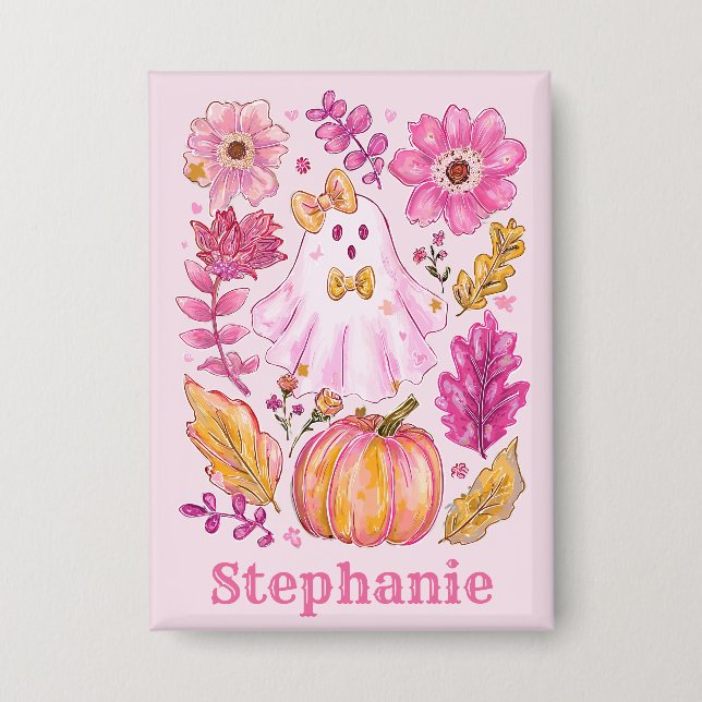 Pastel Pink Halloween Ghost with Custom Name Button (Front)