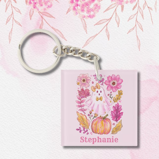 Pastel Pink Halloween Ghost with Custom Name Keychain (Creator Uploaded)