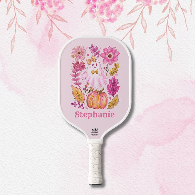 Pastel Pink Halloween Ghost with Custom Name Pickleball Paddle (Creator Uploaded)