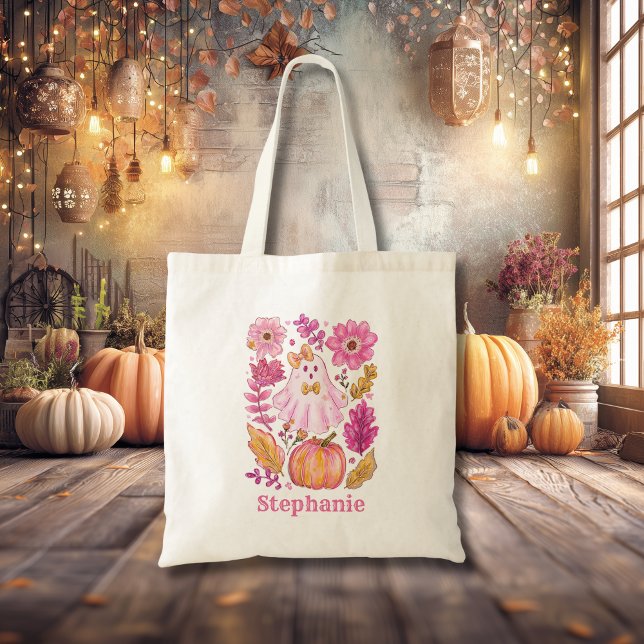 Pastel Pink Halloween Ghost with Custom Name Tote Bag (Creator Uploaded)