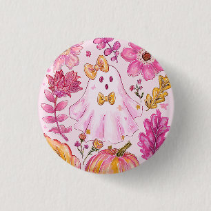 Pastel Pink Halloween Ghost with Flowers and Pumpk Button