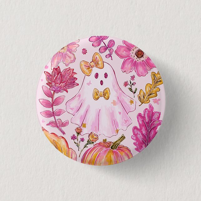 Pastel Pink Halloween Ghost with Flowers and Pumpk Button (Front)
