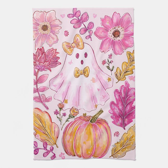 Pastel Pink Halloween Ghost with Flowers and Pumpk Kitchen Towel (Vertical)