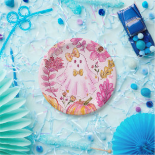 Pastel Pink Halloween Ghost with Flowers and Pumpk Paper Plates