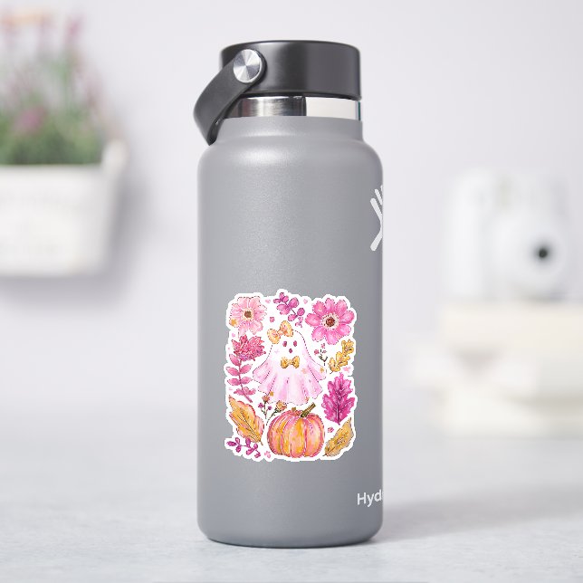Pastel Pink Halloween Ghost with Flowers and Pumpk Sticker (HydroFlask)