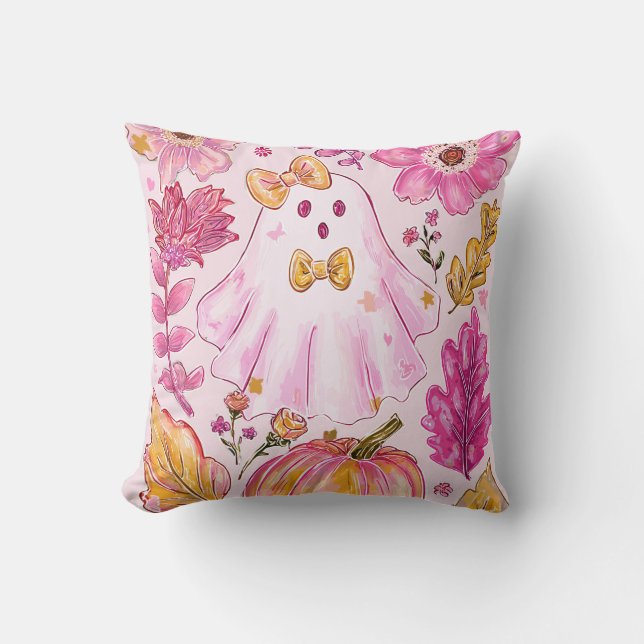 Pastel Pink Halloween Ghost with Flowers and Pumpk Throw Pillow (Front)