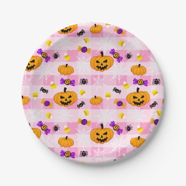 Pastel Pink Halloween Pattern Paper Plates (Front)