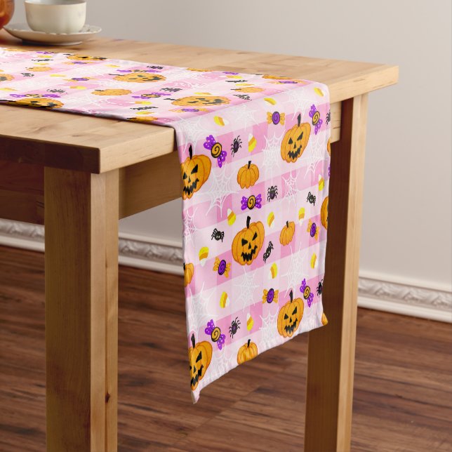 Pastel Pink Halloween Pattern Short Table Runner (In Situ)
