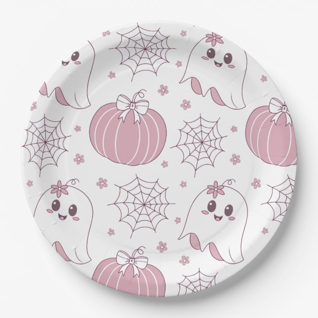 Pastel Pink Halloween Seamless Pattern (3) Paper Plates (Front)