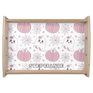 Pastel Pink Halloween Seamless Pattern (3) Serving Tray