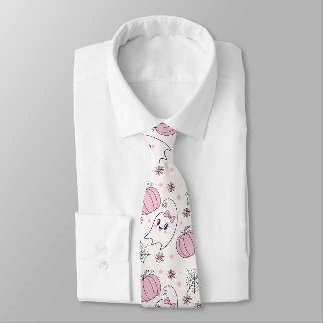 Pastel Pink Halloween Seamless Pattern (4) Neck Tie (Tied)