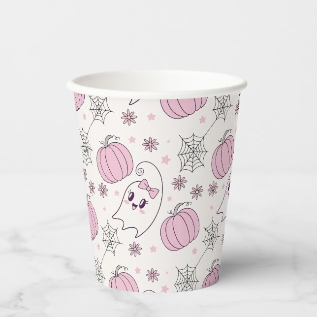 Pastel Pink Halloween Seamless Pattern (4) Paper Cups (Front)