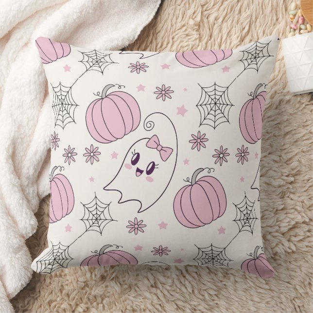 Pastel Pink Halloween Seamless Pattern (4) Throw Pillow (Blanket)