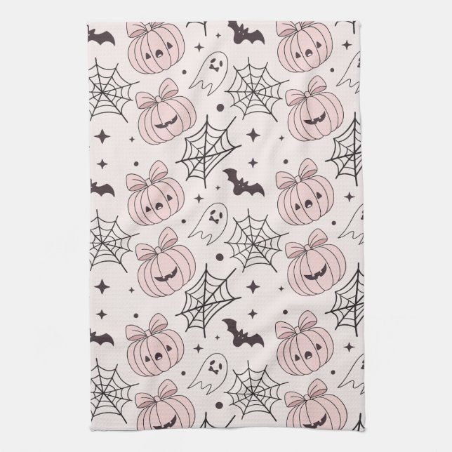 Pastel Pink Halloween Seamless Pattern (5) Kitchen Towel (Vertical)