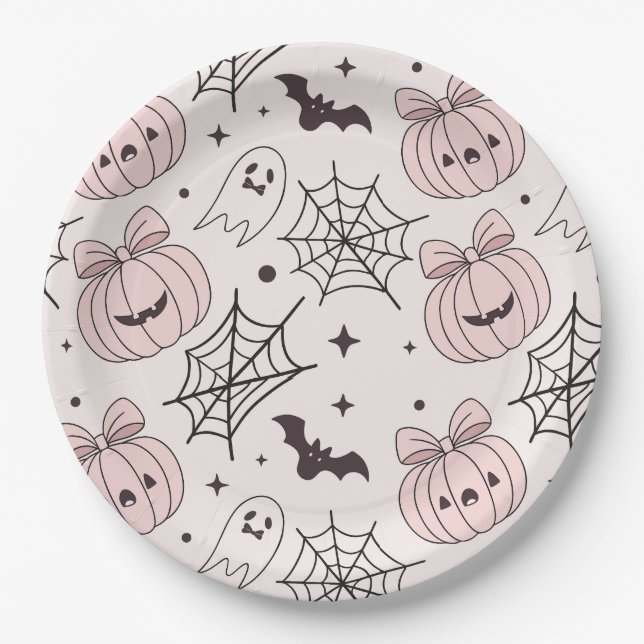 Pastel Pink Halloween Seamless Pattern (5) Paper Plates (Front)