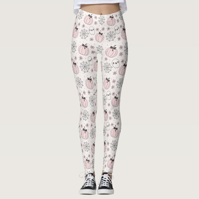 Pastel Pink Halloween Seamless Pattern Leggings (Front)
