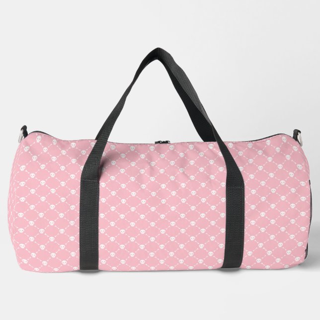 pastel pink halloween skull crossbones print duffle bag (Front)