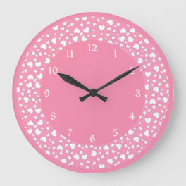 Pastel Pink Heart Polka Dot Pattern Large Clock