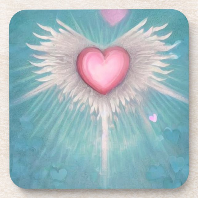 Pastel Pink Heart with Wings Beverage Coaster (Front)