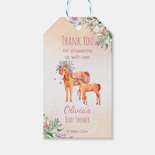 Pastel pink horse mom and foal floral baby shower gift tags