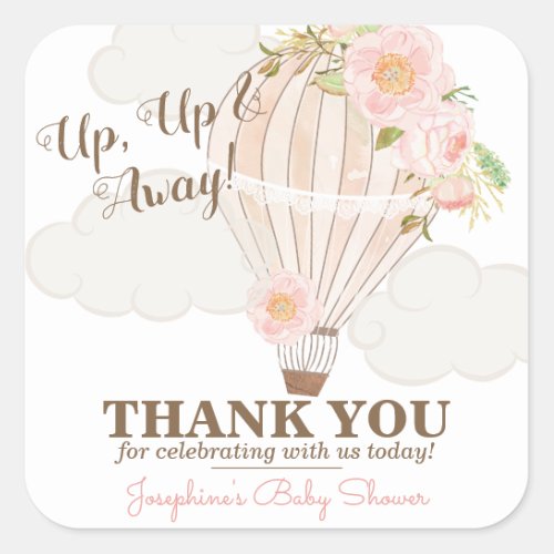 Pastel Pink Hot Air Balloon Girl Baby Shower Favor Square Sticker