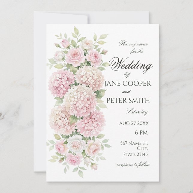 Pastel pink hydrangeas and roses Budget Wedding Invitation (Front)