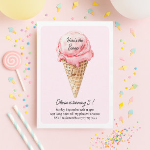 Pastel Pink Ice Cream Cone Birthday Party Invitation